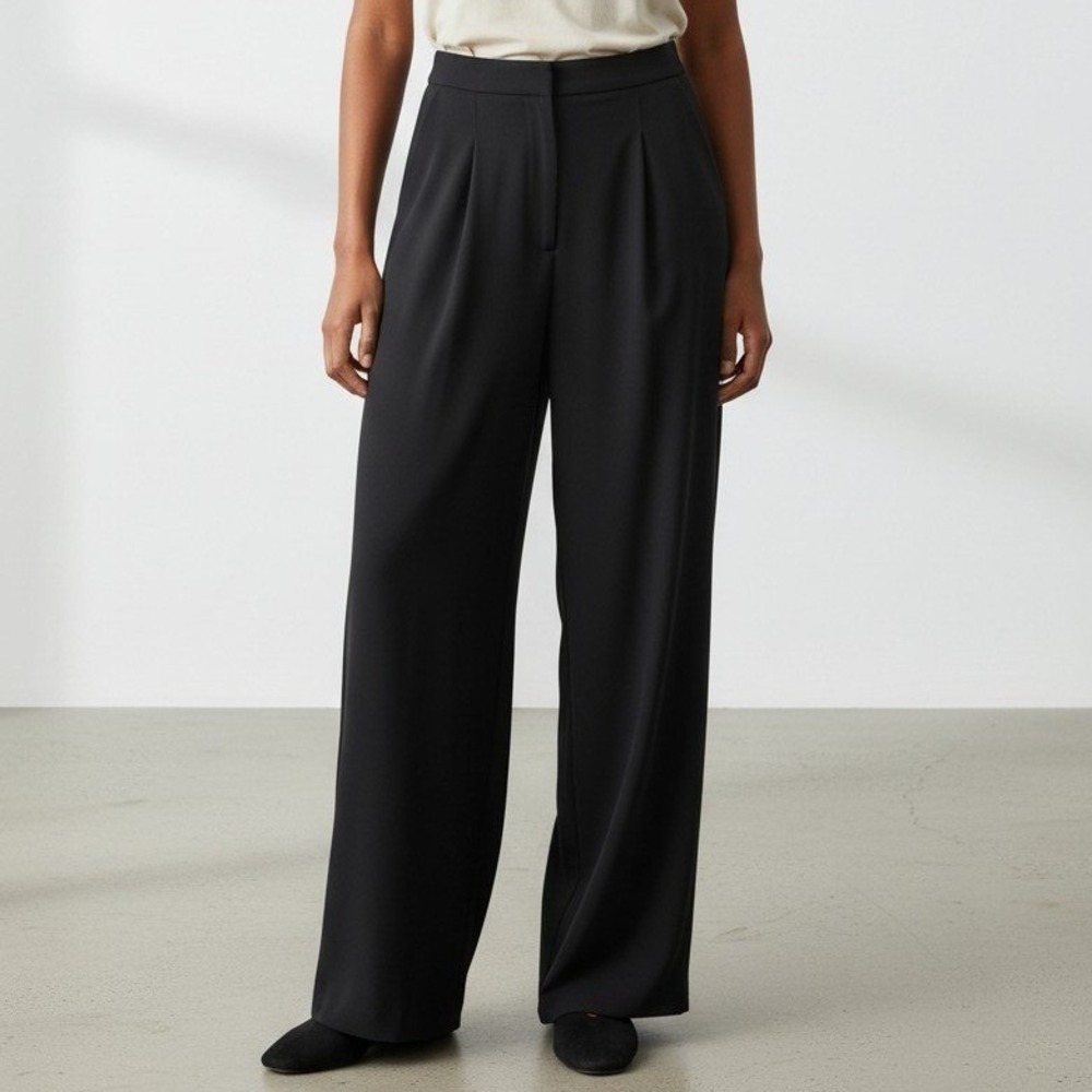 R&M Richards Petite Black Wide Leg Pleated Trousers Side Slit 8P